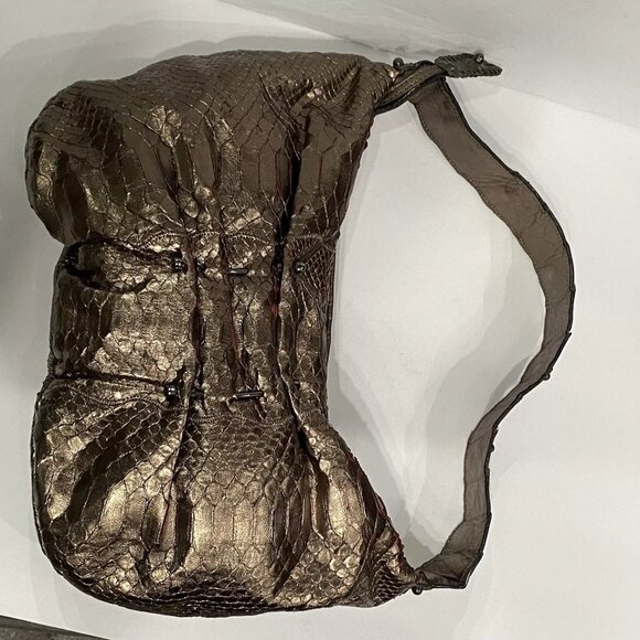 FATTO A MANO BY CARLOS FALCHI Python Snake Skin Bronze Metallic Shoulder Bag - Picture 3 of 11